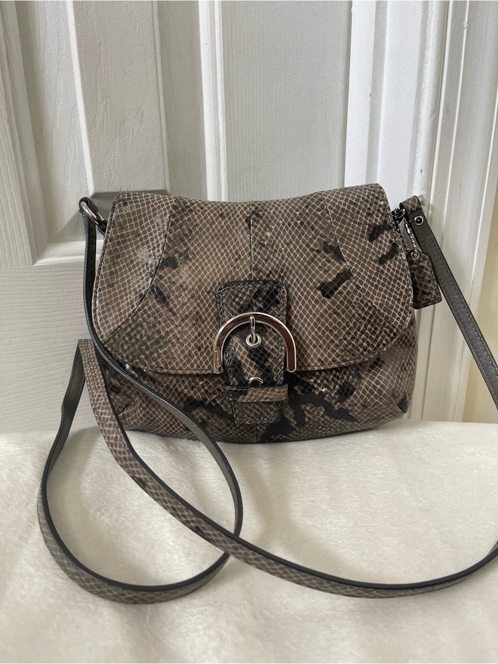 Coach SoHo Taupe Snake-Print Crossbody with Silver Buckle